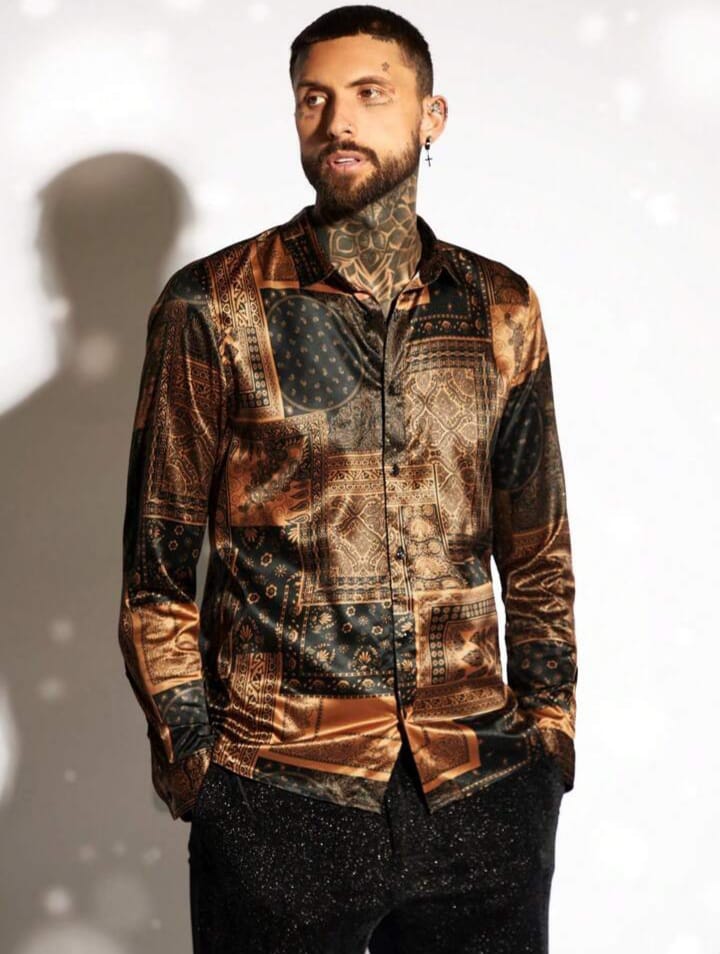 Men's  Patchwork Printed Casual Button up Collar Prom Vintage Long Sleeve Shirt